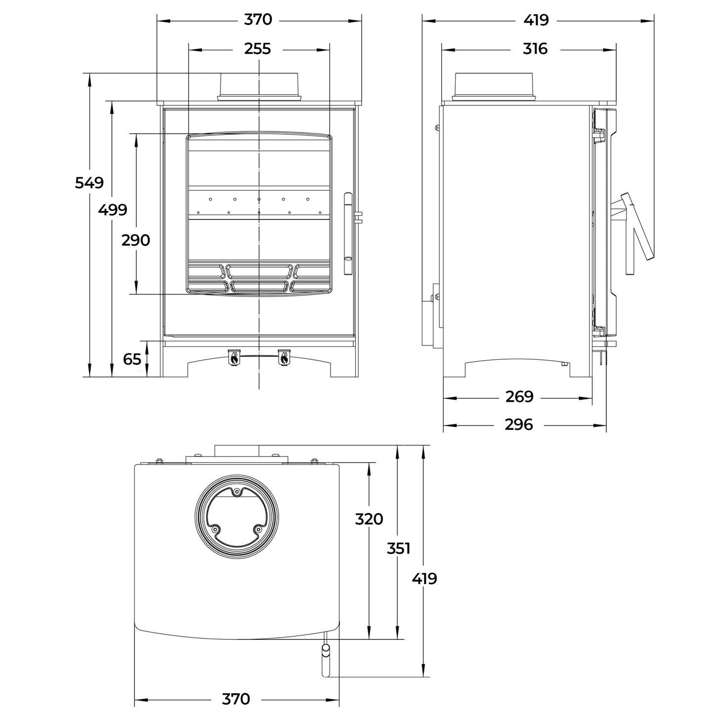 Dimensions and specifications for Small Tinderbox Multifuel stove.