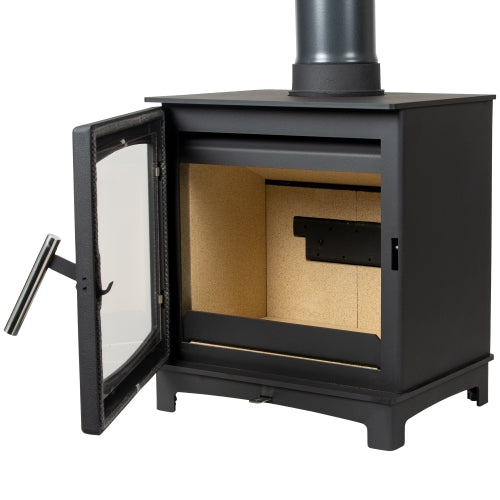 The black body is made from high grade steel with a durable cast iron door and elegant polished chrome handle.