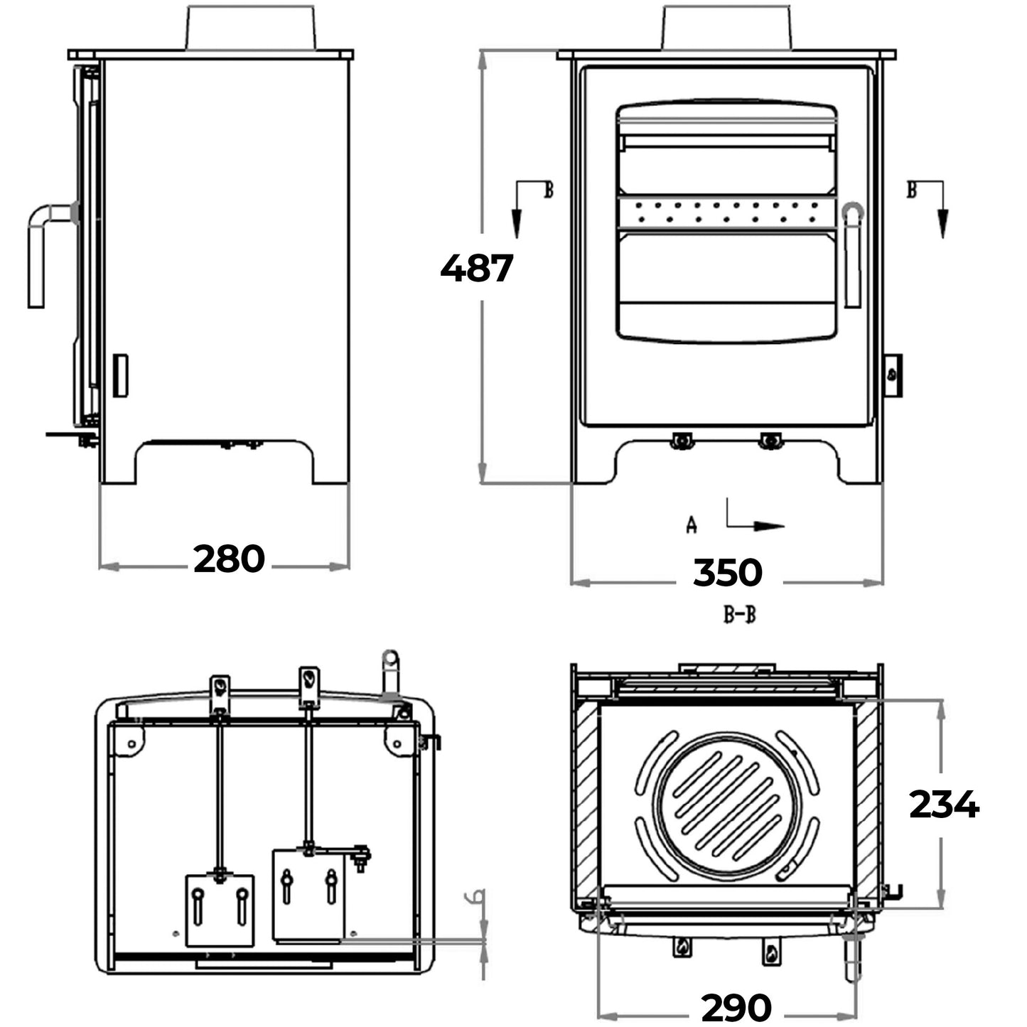 Dimensions and specifications for the Medium Solway Multifuel Stove