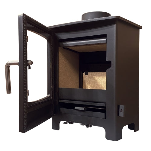 Black body made from high grade steel with iron cast door and polished chrome handle.