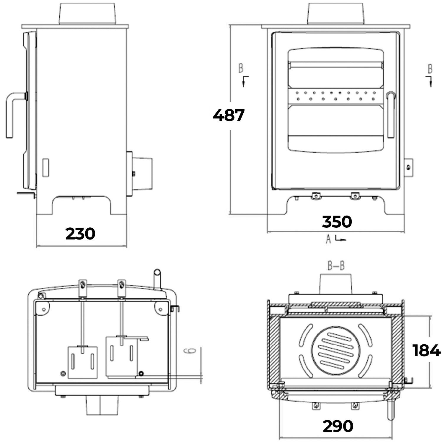 Dimensions and specifications for Small Solway Multifuel Stove.