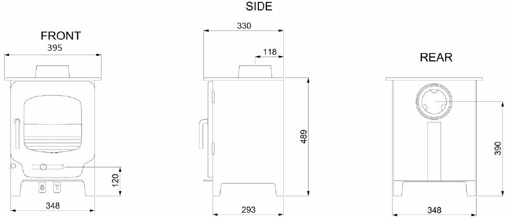 Dimensions and specifications for the ST-X4 multifuel stove.