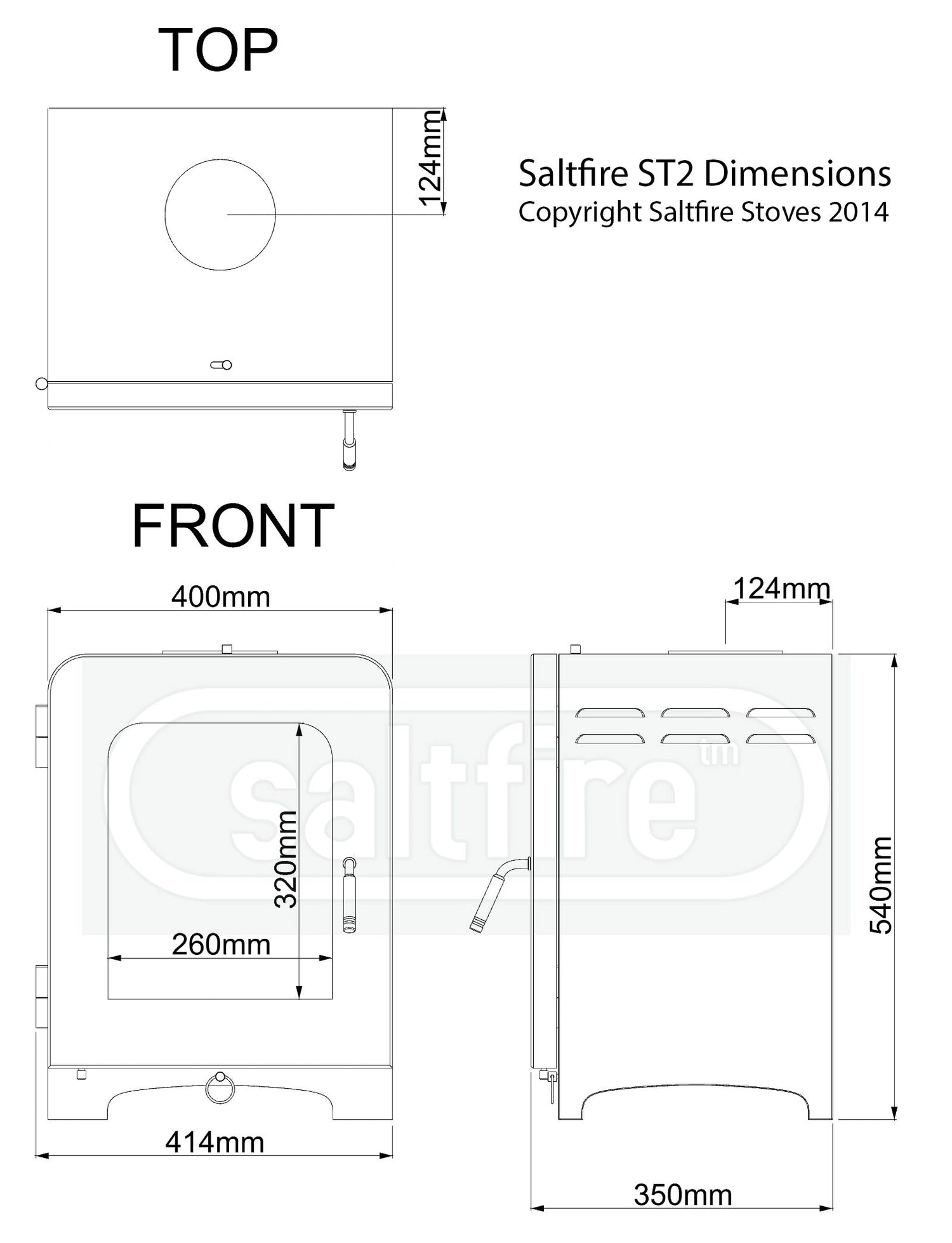 Dimensions and specifications for the ST2  multifuel stove