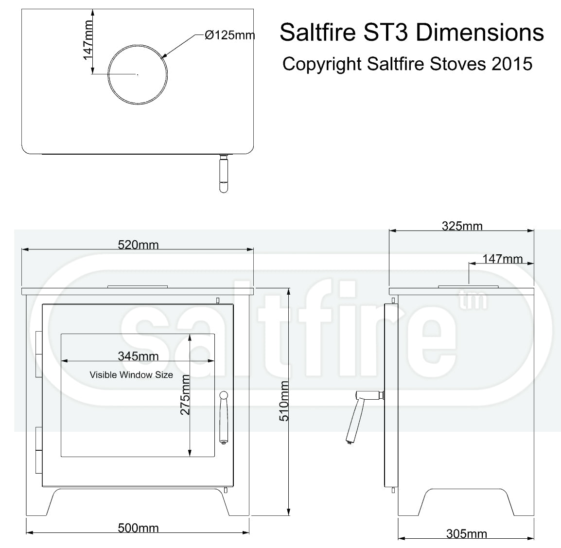 Dimensions and specifications for Saltfire ST3 wood burning stove