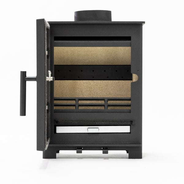 This durable steel bodied stove features a cast iron door and a log retaining bar that is both functional and enhances the overall appearance, especially when lit.