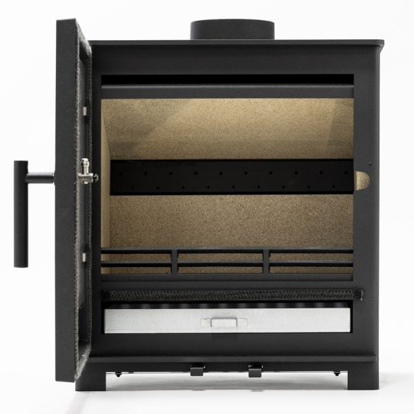 This durable steel bodied stove features a cast iron door and a log retaining bar that is both functional and enhances the overall appearance, especially when lit.