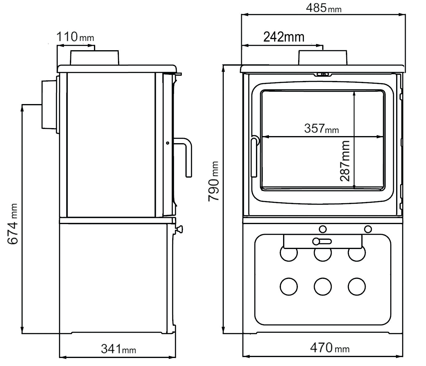 Dimensions and specifications for Saltfire woodburning stove Peanut 8 Tall