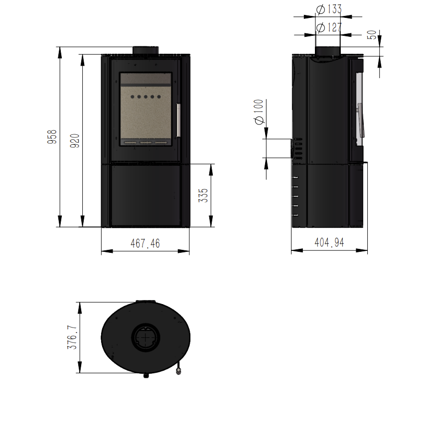 Specifications and dimension for The Charlton  Woodburning Stove