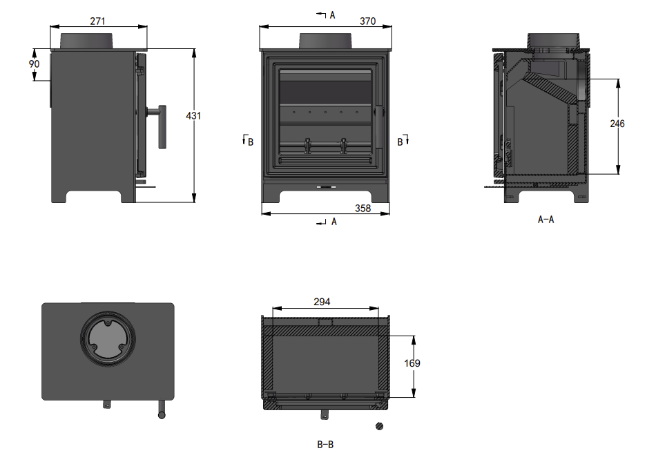 Dimensions and specifications for the Pankhurst small wood burning stove.