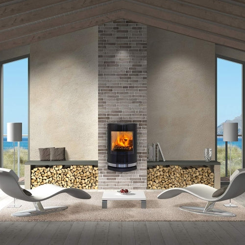 This wood burning stove looks stylish hung on the wall.