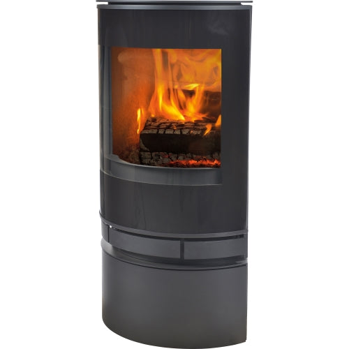 The Elegance Junior wood burning stove has stylish a oval black body with large viewing window and integrated black handles.