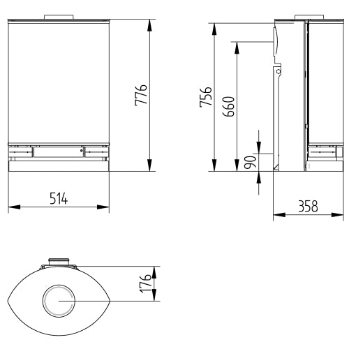 Dimensions and specifications for the Elegance wood burning stove Wall