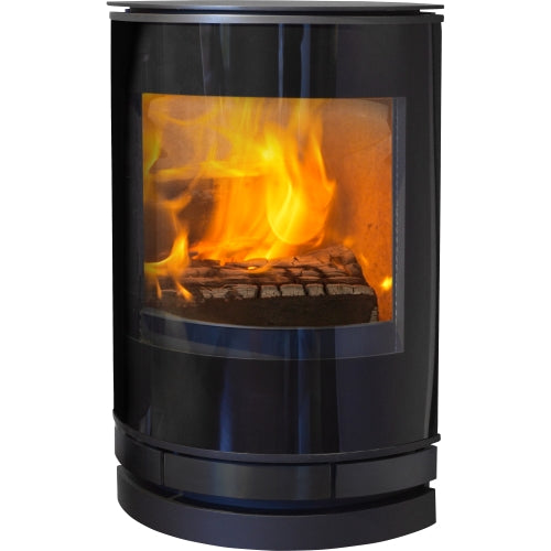 Black body and integrated black handles give the Elegance junior wall wood burning stove a sculptural feel.