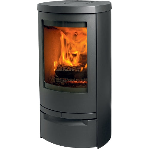 Cosmo 971 black wood burning stove has eye catching details, with a wide viewing window and integrated black handles.