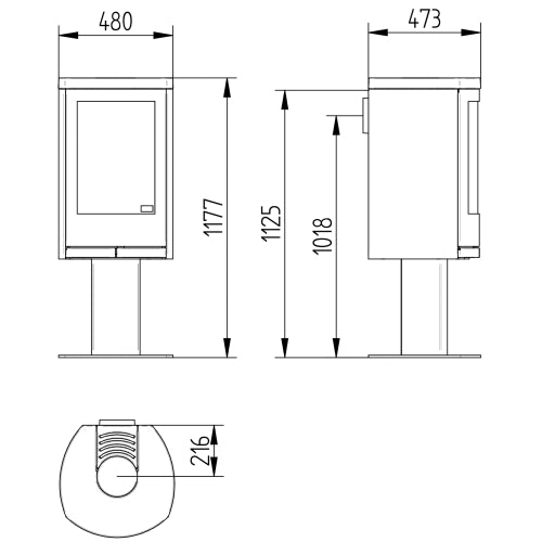 Dimensions and specificationf for the Cosmo Pedestal wood burning stove.