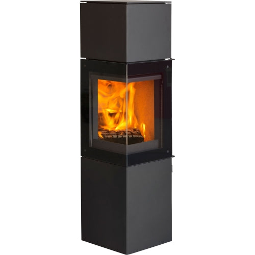 Panorama is a cubic wood-burning stove with large angled glass for a great view of the fire from several angles