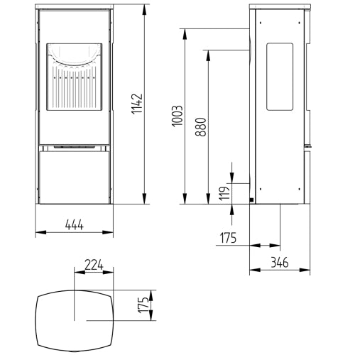 Dimensions and specifications for Bella with side glass