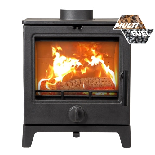 The Derwent is multi fuel 5 kW stove. Black cast iron with large window.  – ECODesign 2022 and is Smoke Control Area Exempt. It is 80.7% efficient and has A+ Energy Rating. It only produces 11 mg of dust!
