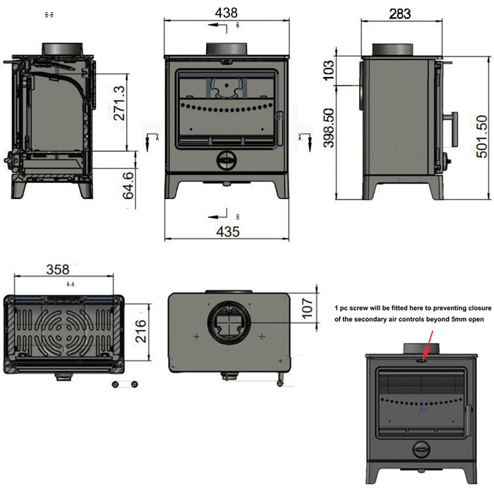 Dimensions and specifications for the Derwent multi-fuel stove.