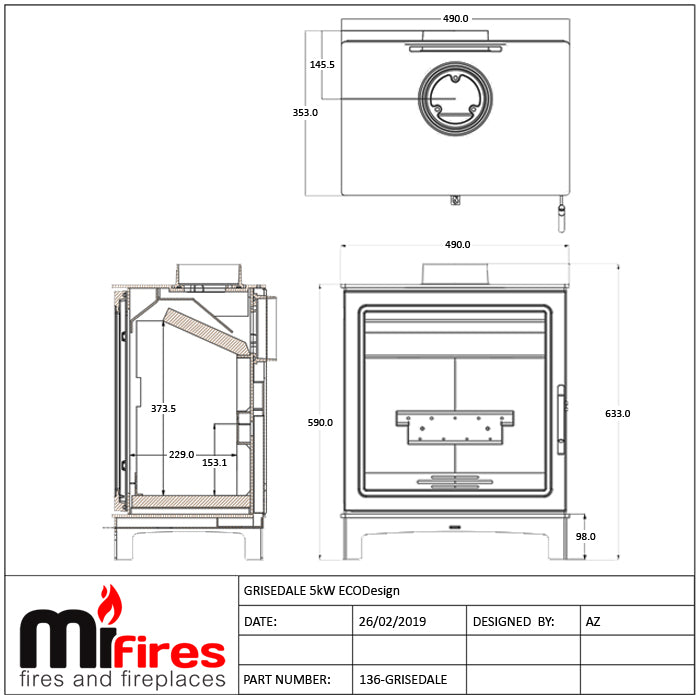 Dimensions and specifications Grisedale 5 kW wood burning stove