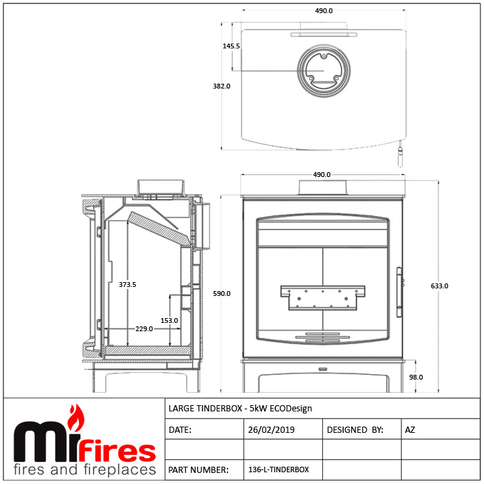 Dimensions and specifications for Large Tinderbox wood burning stove.