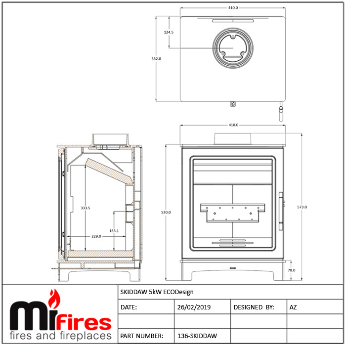 Dimensions and specifications for the Skiddaw stove.