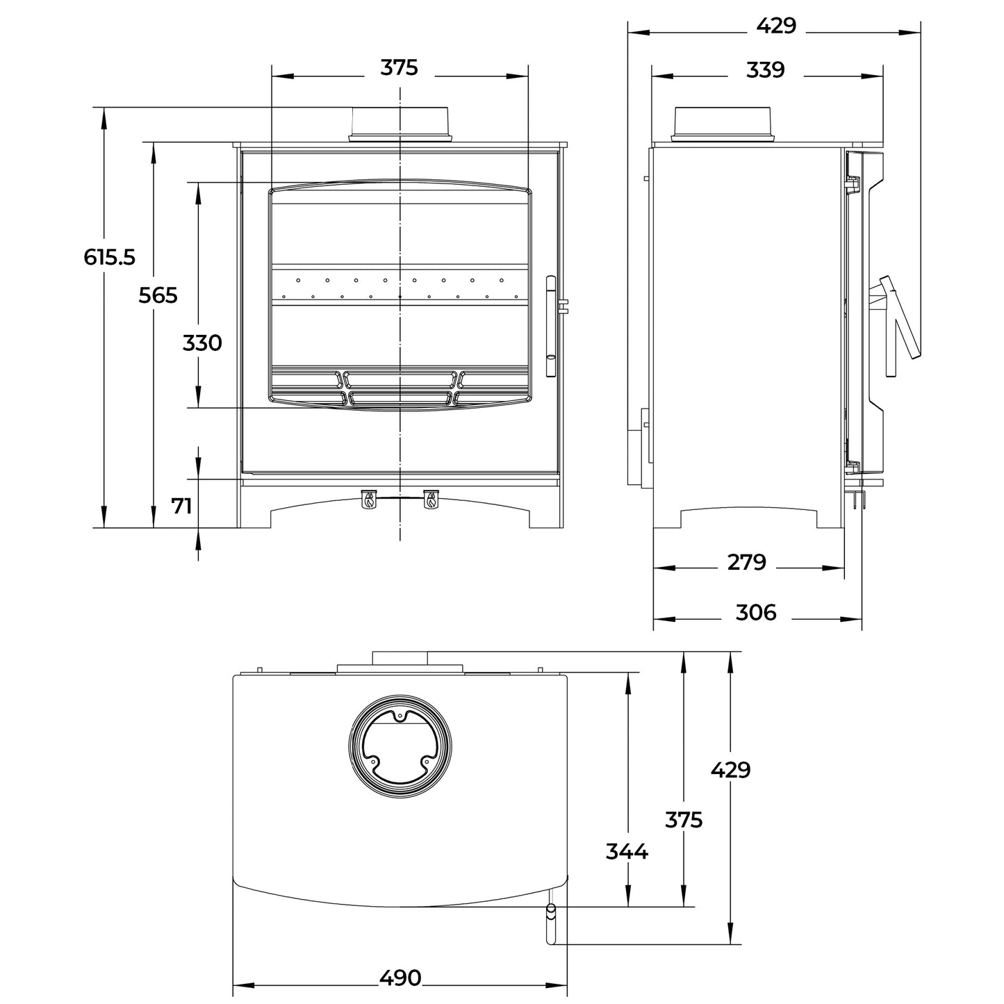 Dimensions and specifications for Large Tinderbox Multifuel stove.