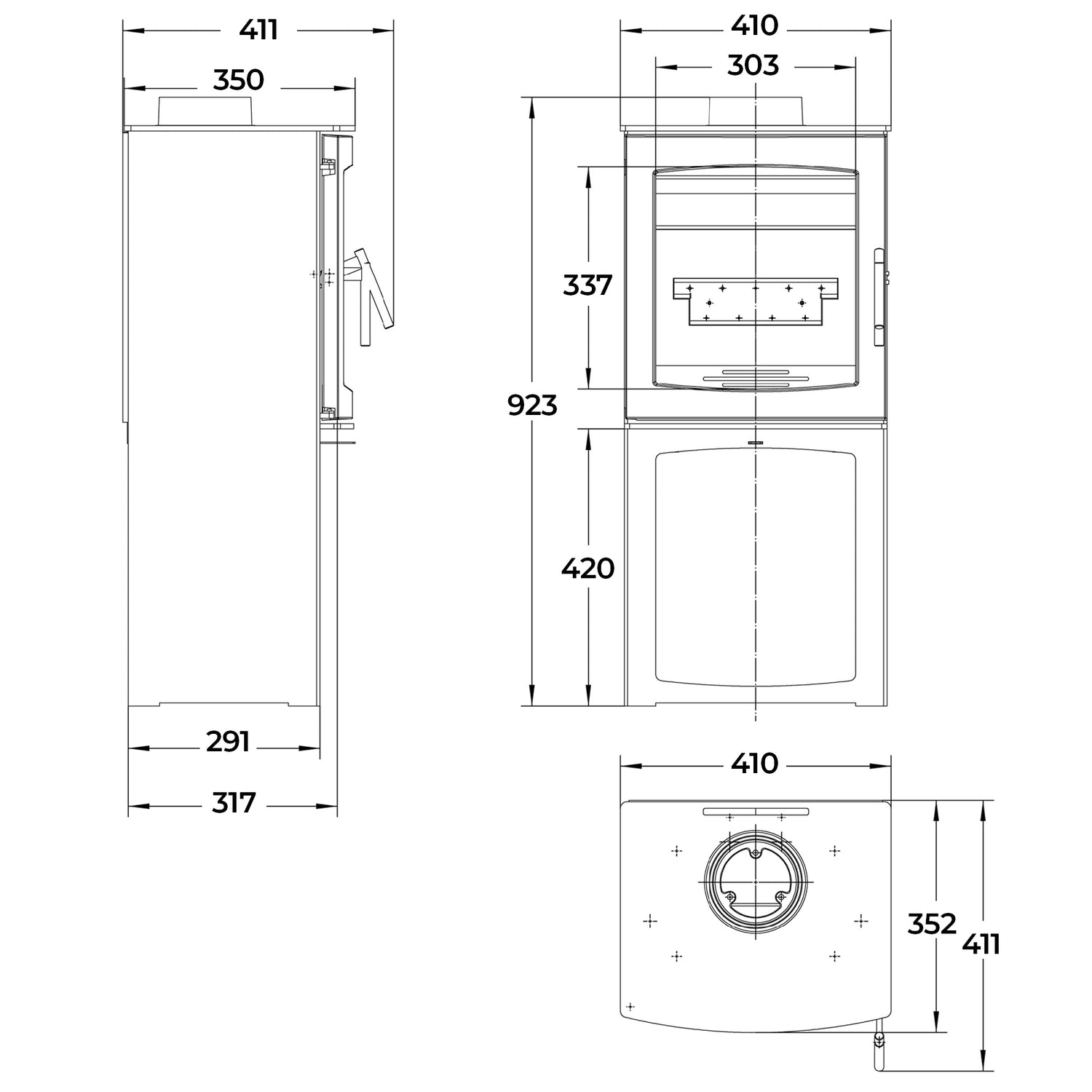 Dimensions and specifications for Medium Tinderbox Wood burning stove on log box.