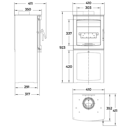Dimensions and specifications for Medium Tinderbox Wood burning stove on log box.