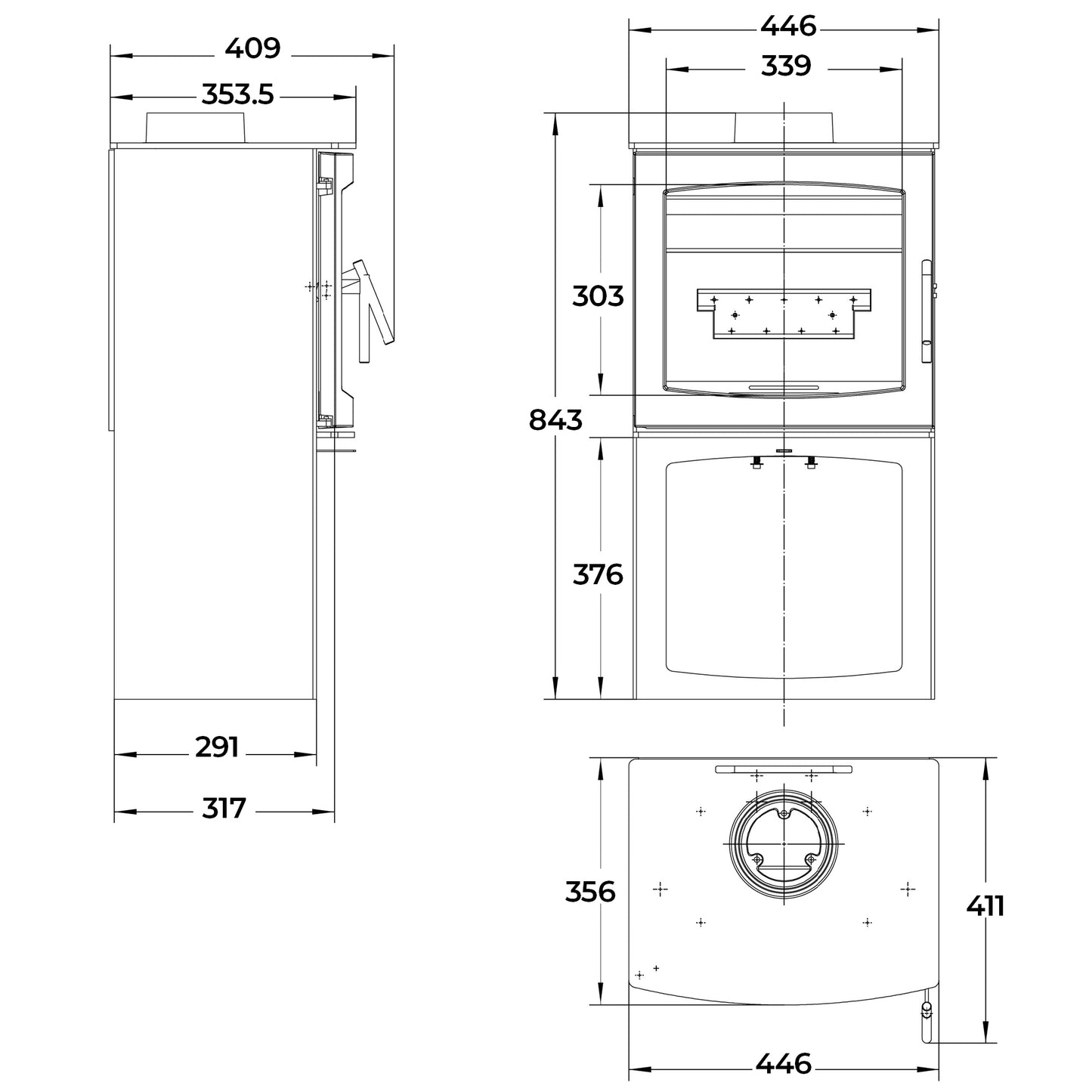Dimensions and specifications for Small Tinderbox wood burning stove with log box