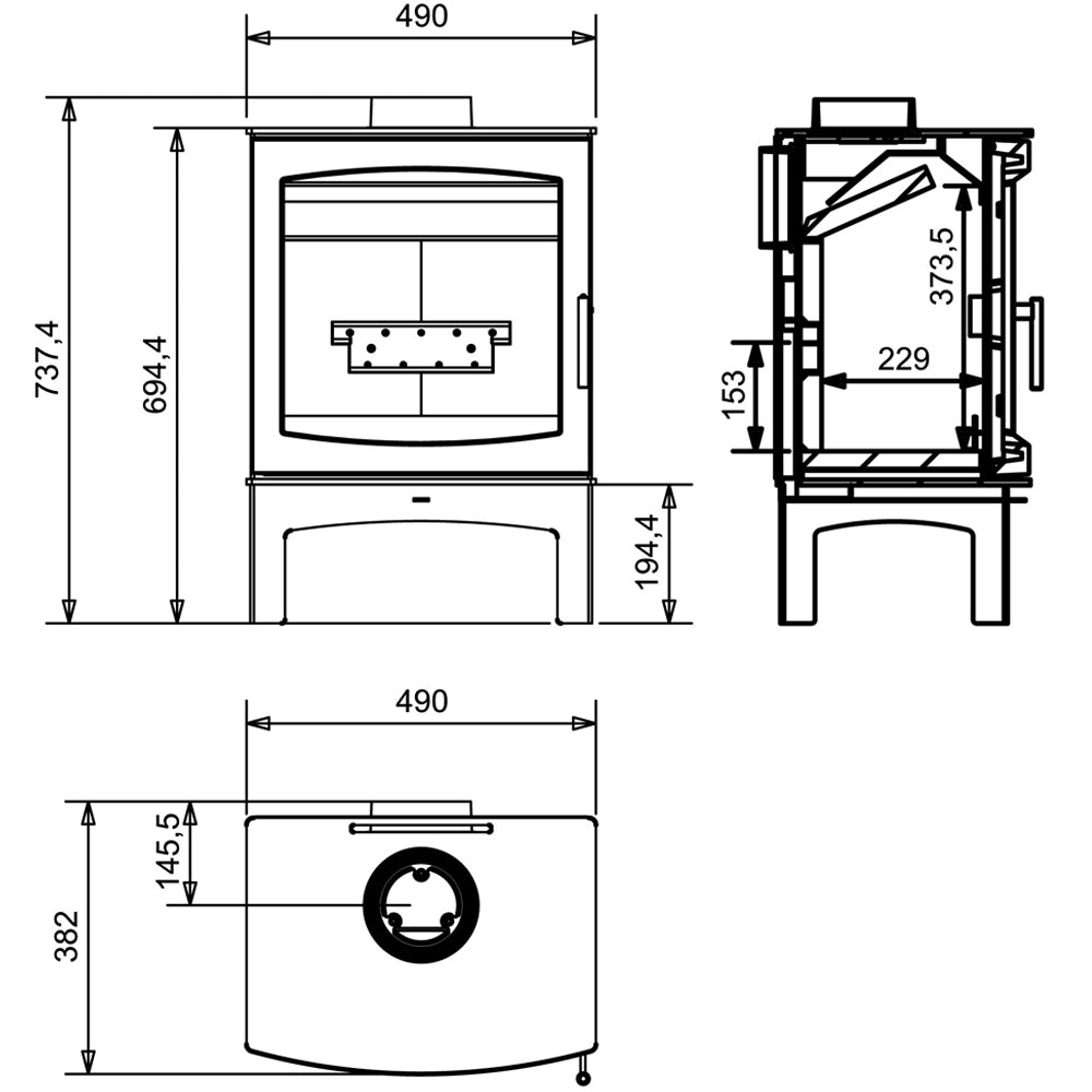 Dimensions and specifications for Tall Tinderbox wood burning stove.
