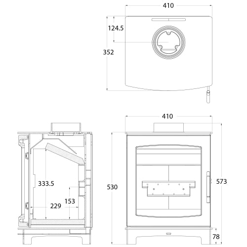 Dimensions and specifications for the Medium Tinderbox Multifuel stove.