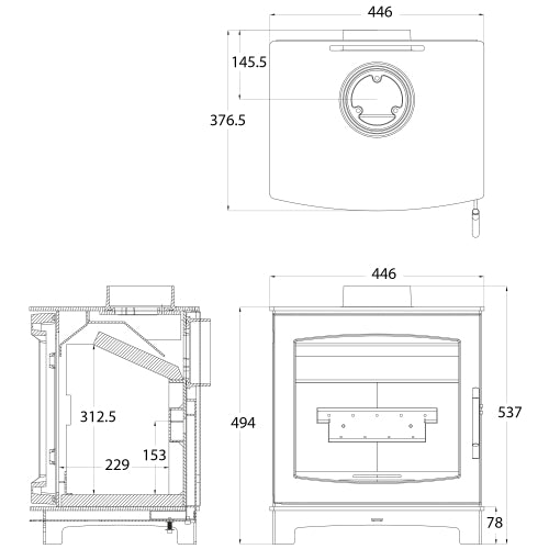 Dimensions and specifications for Small Tinderbox Wood burning Stove.