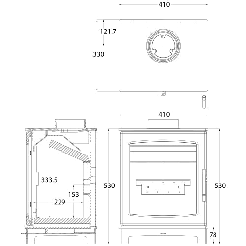 Dimensions and specifications for the Medium FlickrFlame wood burning stove.
