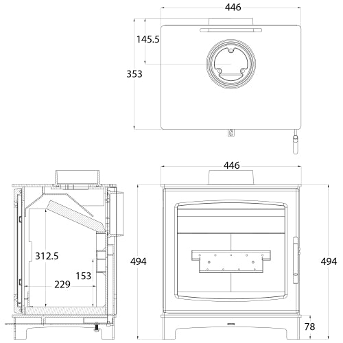 Dimensions and specifications for Small FlickrFlame Wood burning stove.