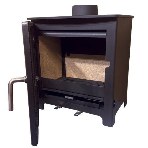 Black high quality steel body with durable cast iron door and polished chrome handle.