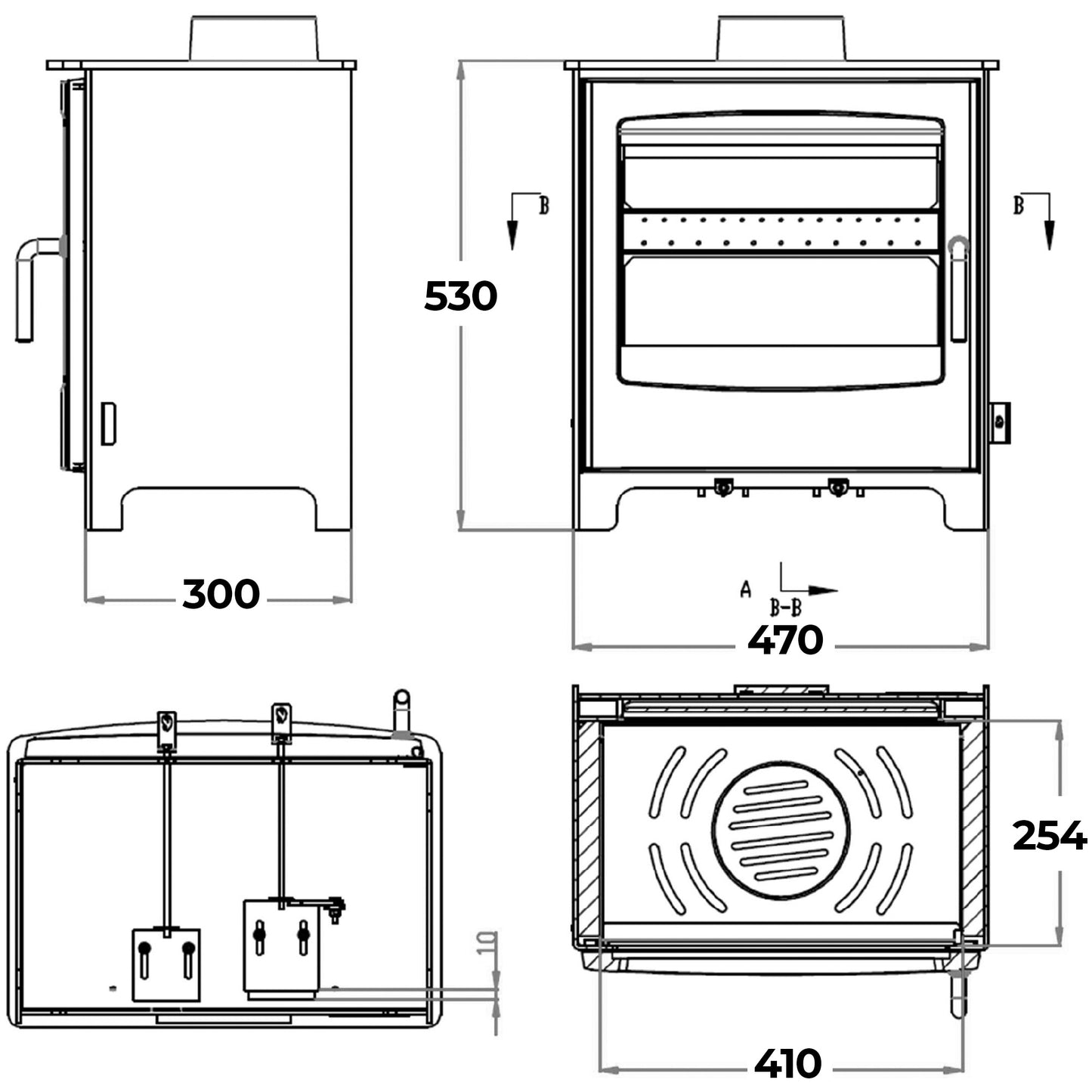 Dimensions and specifications for Large Solway Multifuel stove.