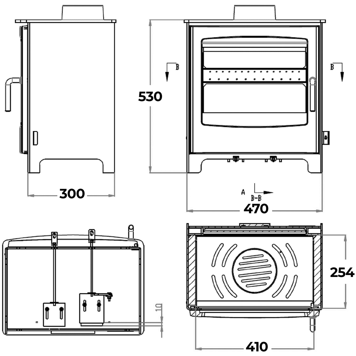 Dimensions and specifications for Large Solway Multifuel stove.