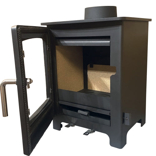 Black high grade steel body, with durable cast iron door and polished chrome handle.