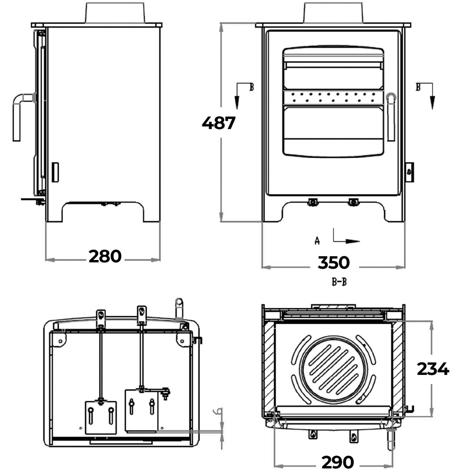 Dimensions and specifications for the Medium Solway Multifuel Stove