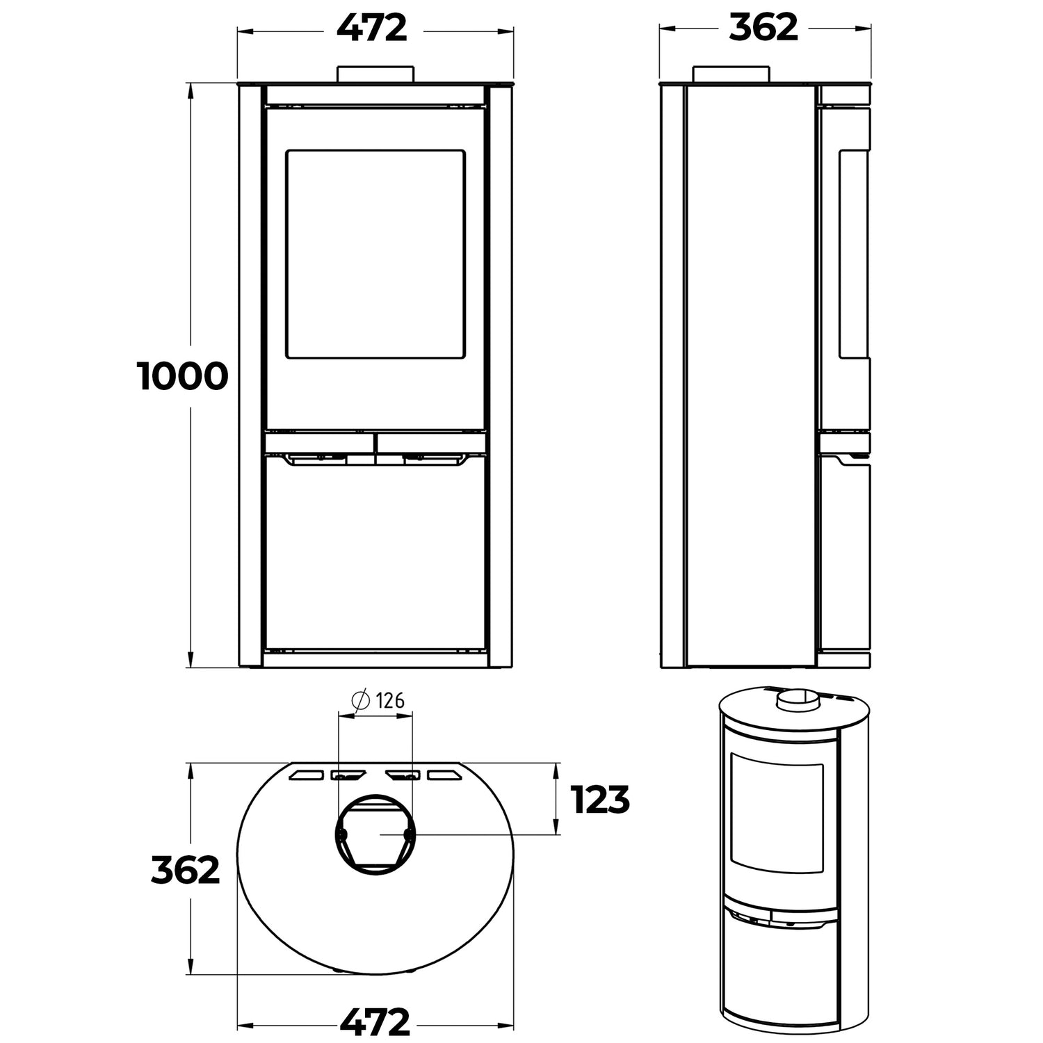 Dimensions and specifications for the Ovale -T with door.