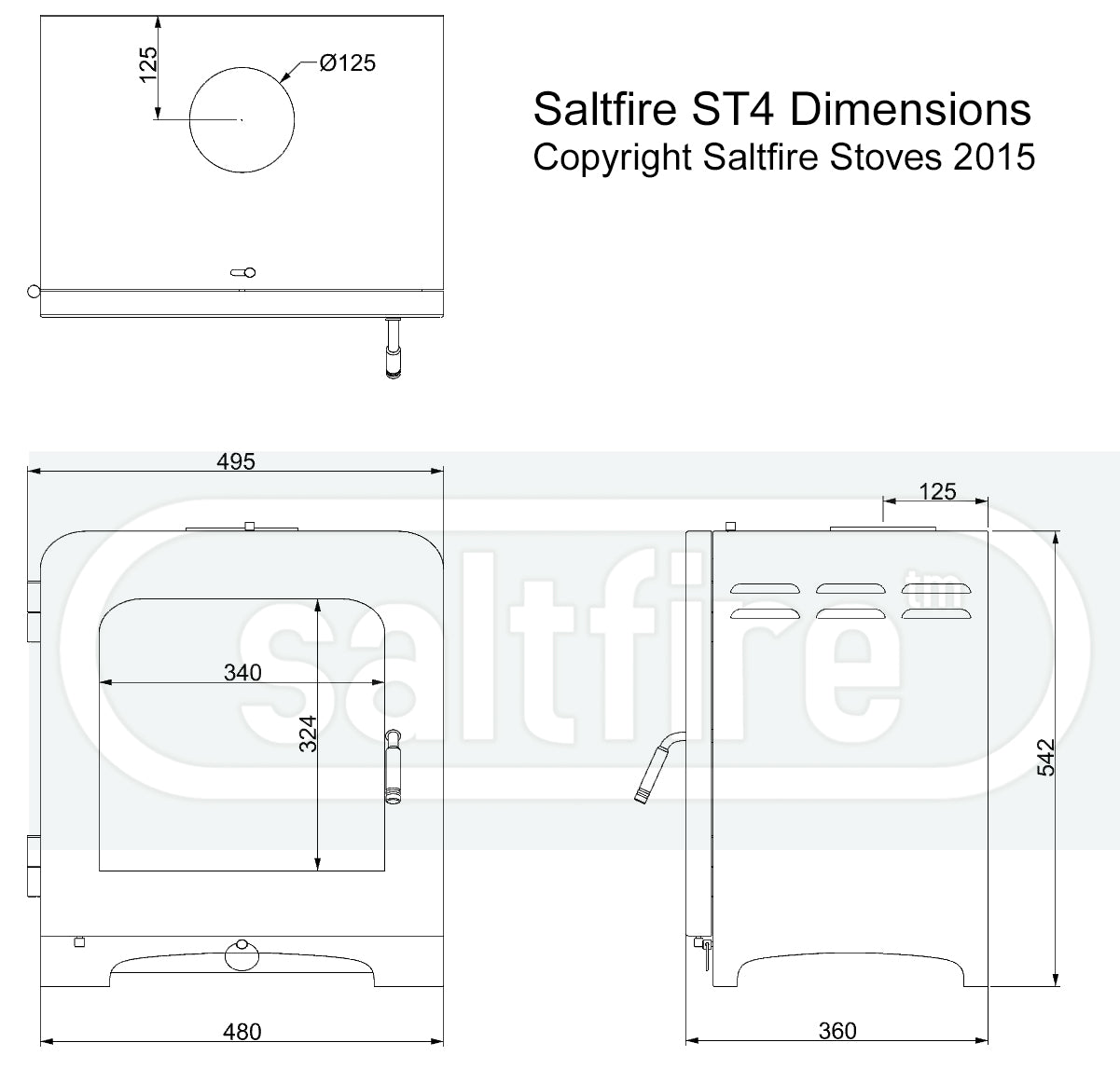Dimensions and specifications for the ST4 multifuel stove