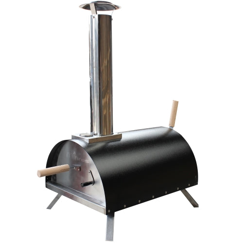 The Piccolo pizza oven- black steel body and stainless steel chimney