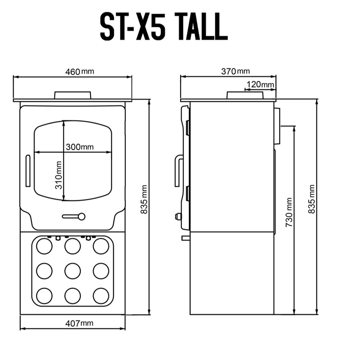 Dimensions and specifications for the ST-X5 multi fuel / wood burning stove.