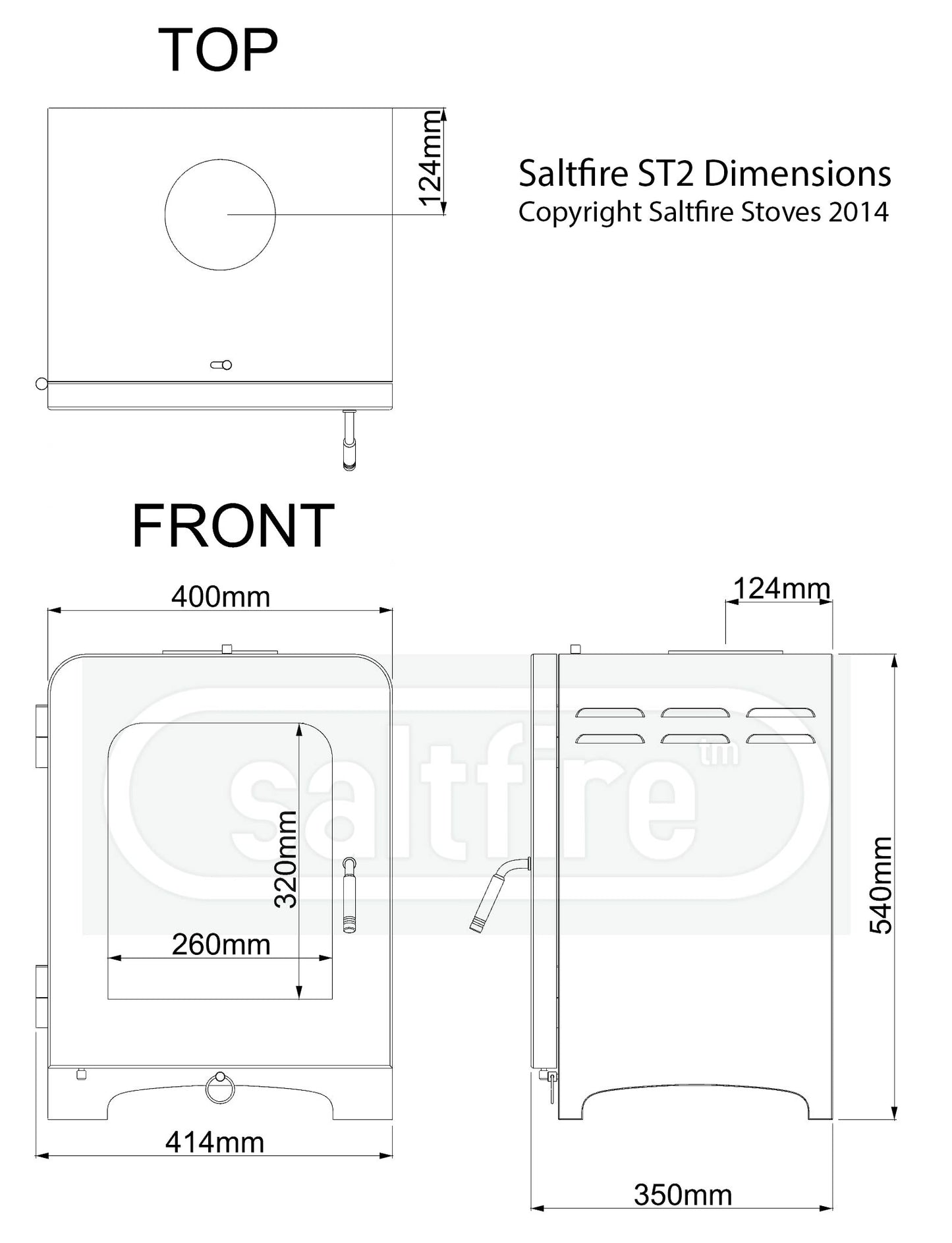 Dimensions and specifications for the ST2  multifuel stove