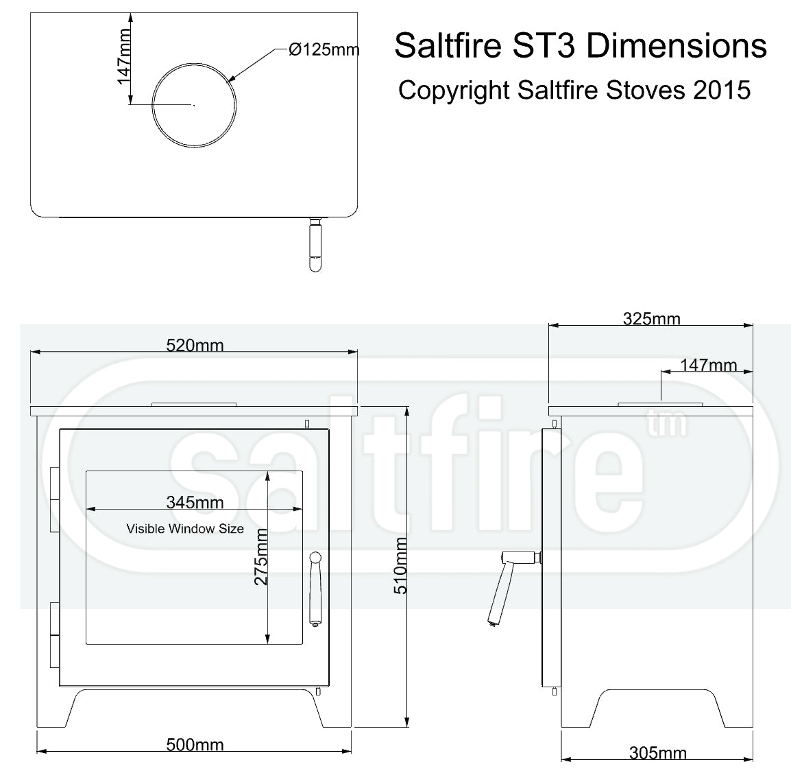 Dimensions and specifications for Saltfire ST3 wood burning stove