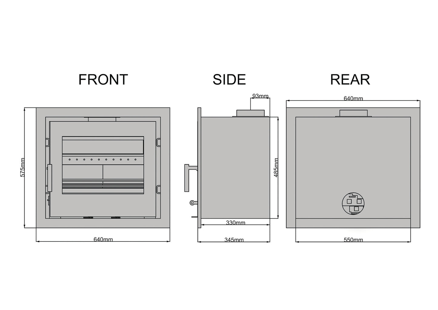 Dimensions and specifications for the Saltfire C7 multifuel inset stove