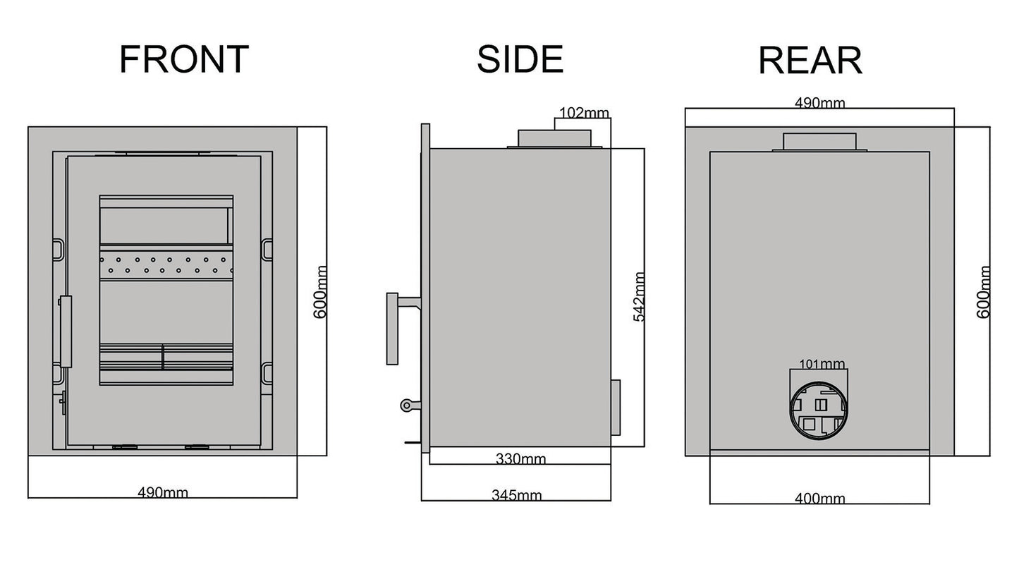 Dimensions and specifications for the Saltfire C5 inset multifuel stove.