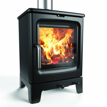 Peanut 3 wood burning stove with black finish and large viewing window.