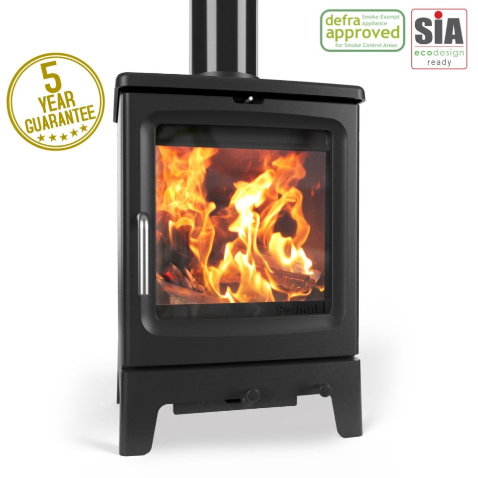 Traditional black cast iron stove with stylish chrome handle.